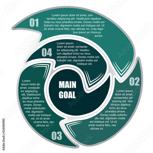 Circle spiral infographic template with 4 steps and central element. For presentation and design concept. Vector illustration.