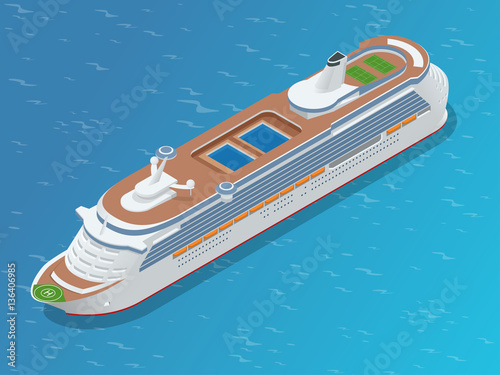 Luxury cruise ship. A modern liner is in an ocean. Flat 3d vector isometric illustration