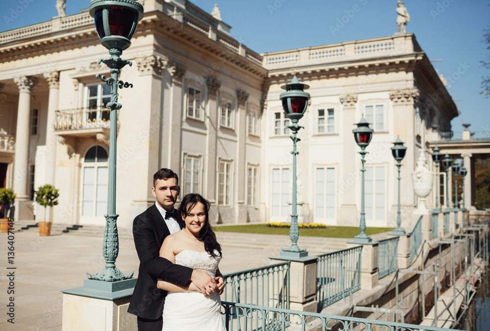 Fototapeta premium Newlyweds on the bridge and a beautiful castle behind