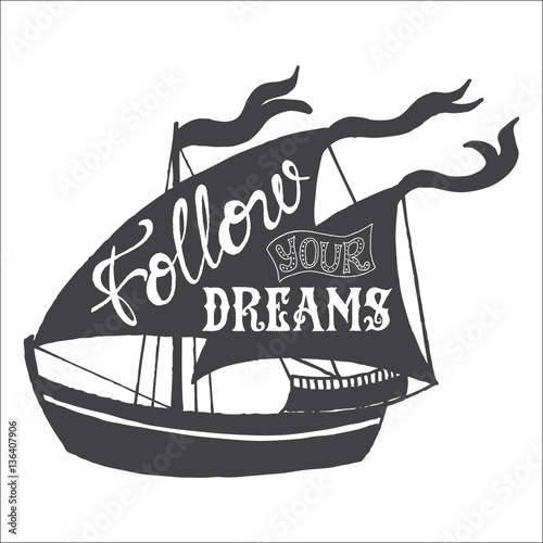 Hand drawn illustration of isolated black ship silhouette 