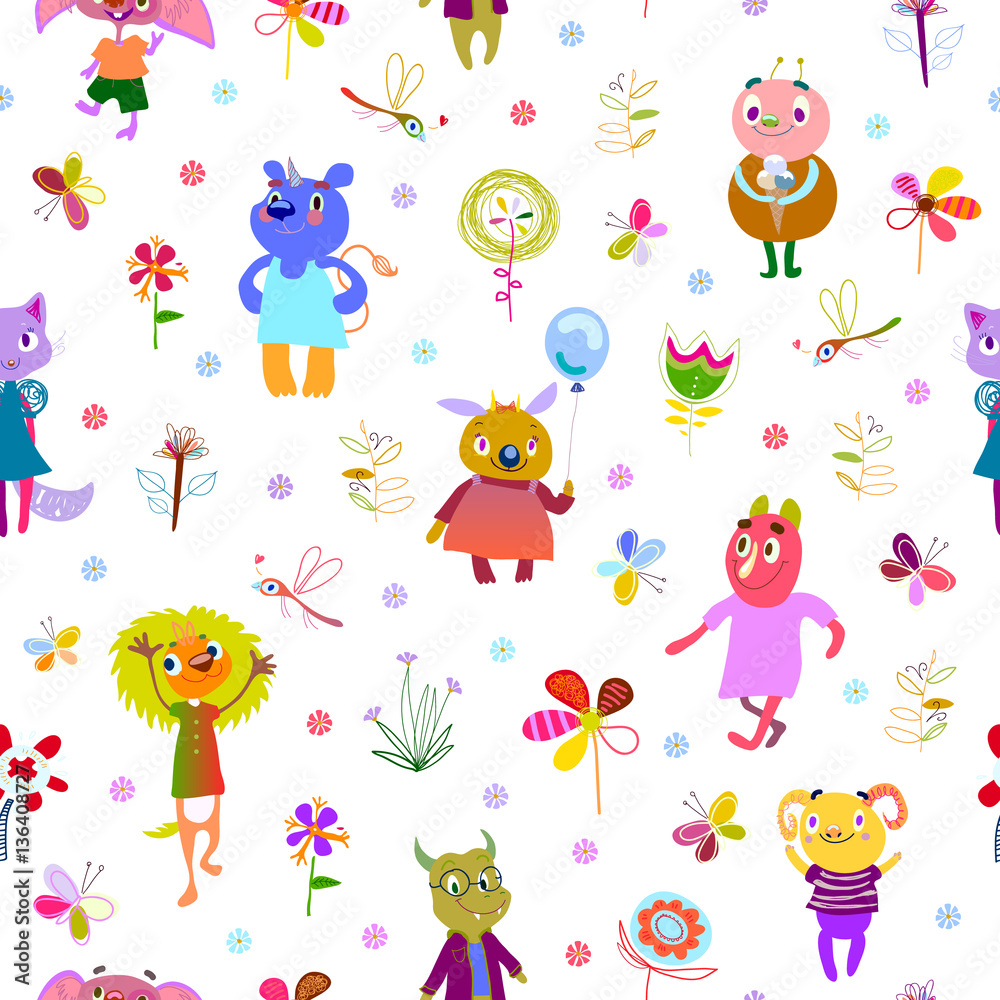 Fototapeta premium Jolly debonair monsters. Seamless pattern with funny fantastic characters, unusual flowers, butterflies and dragonflies. Bright colorful background for children design. Summer collection. Vector 