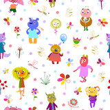 Jolly debonair monsters. Seamless pattern with funny fantastic characters, unusual flowers, butterflies and dragonflies. Bright colorful background for children design. Summer collection. Vector 
