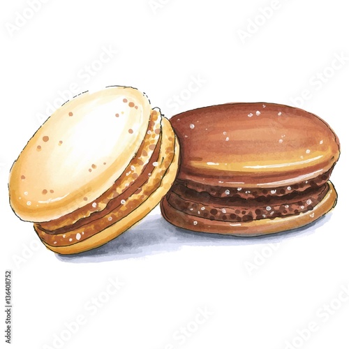 Hand drawn two chocolate macaron cakes sketch, isolated on white background. Delicious vector food design.