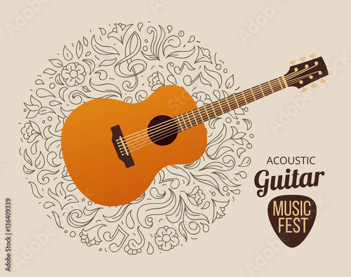 banner with acoustic guitar on beige background, vector illustration.