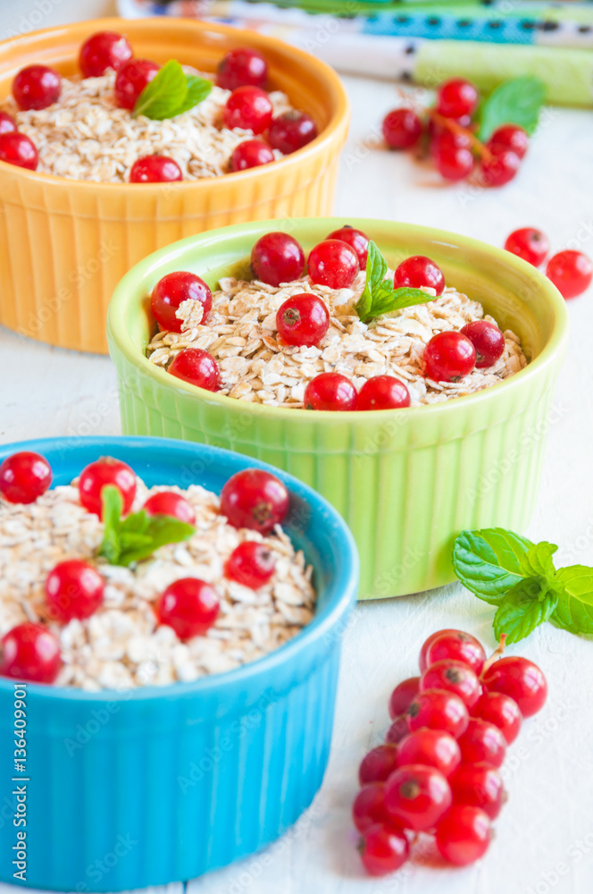Oat flakes with red currant in colorful bowls Oat flakes with red currant in colorful bowls