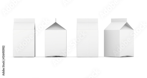 Group of blank milk boxes. Retail package mockup set. Isolated on white. 3d rendering.