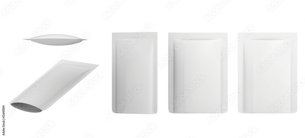 White Blank Foil Food Pouch Bags Packs 3D rendering White Blank Foil Food Pouch Bags Packs 3D rendering