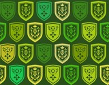 Emblems, seamless background, green, vector. Vector background with a green emblem on a dark green background. The coat of arms depicts twigs and flowers. The coat of arms. Natural pattern. 