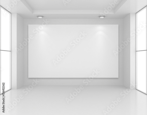 Gallery Interior with empty frame on wall and lights. 3d rendering.