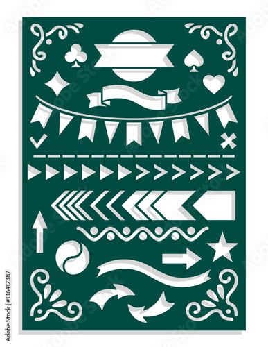 Laser cut template for planner notebook or journal dairy stencil. Arrows, dividing lines, flags, openwork corners, symbols for fields notes. Vector illustration.