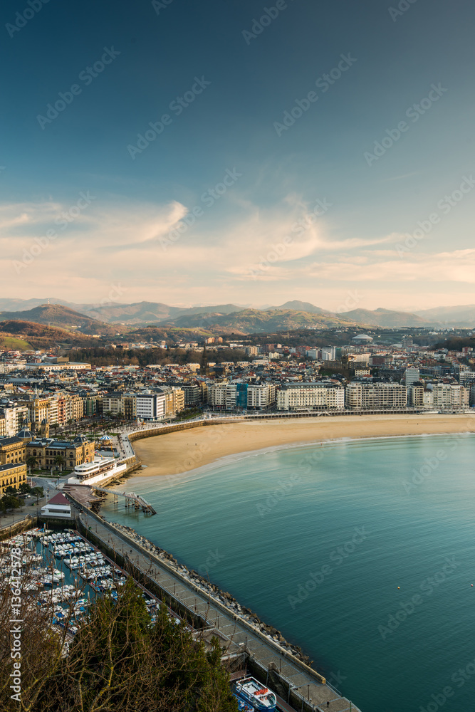 San Sebastian cityscape at winter sunset