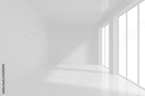 Spacious interior with blank wall and panoramic windows. 3D Rendering