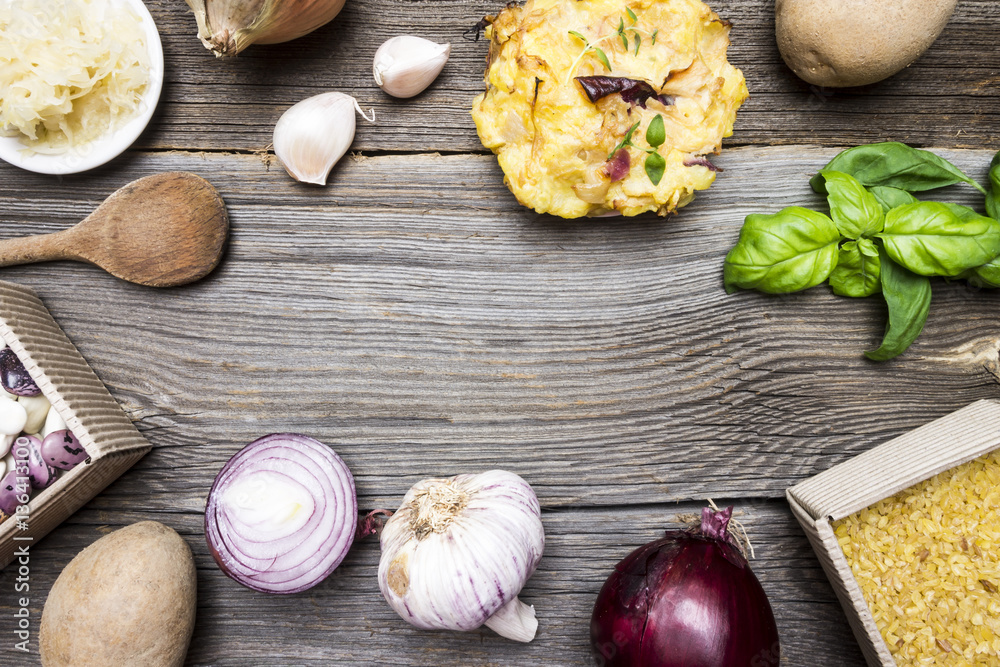 Top View Cooking Ingredients on Wooden Background Top View Cooking Ingredients on Wooden Background