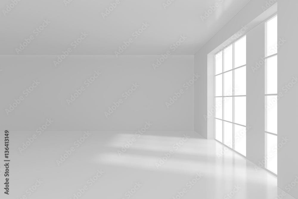 Obraz premium Empty white room with big windows. 3d rendering.