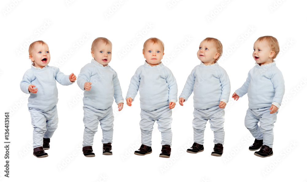 Fototapeta premium Five adorable babies learning to walk