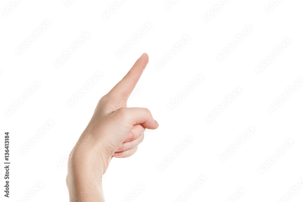 Hand girl shows the forefinger up isolation on a white background Hand girl shows the forefinger up isolation on a white background