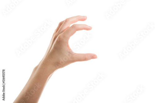 Girl's hand holding a virtual card with your fingers on a white background
