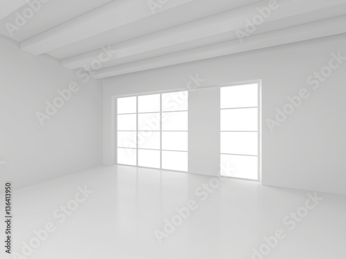 Empty white room with big windows. 3d rendering.