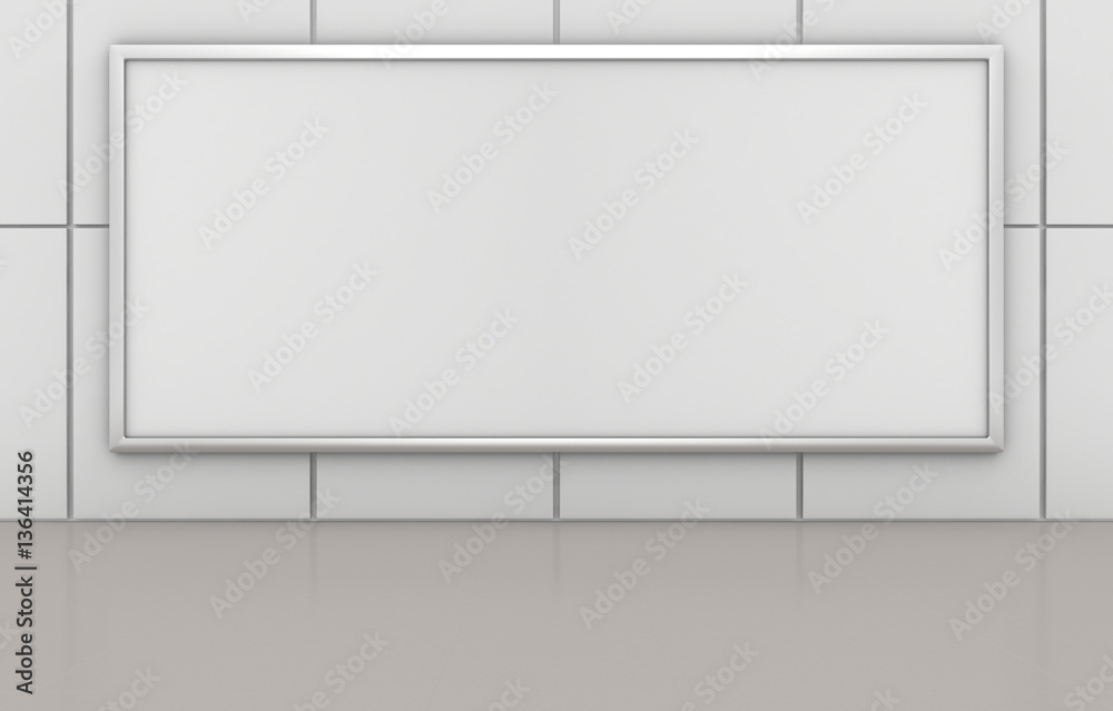 Blank advertising billboard on tile wall. 3d rendering Blank advertising billboard on tile wall. 3d rendering