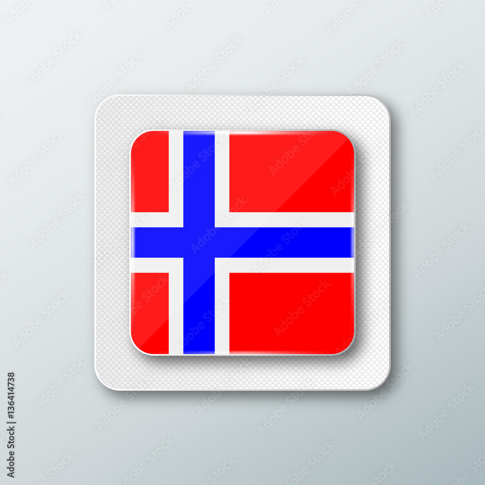 Obraz premium Square button with the national flag of Norway with the reflection of light. Icon with the main symbol of the country.
