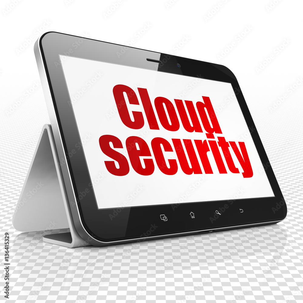 Safety concept: Tablet Computer with Cloud Security on display Safety concept: Tablet Computer with Cloud Security on display
