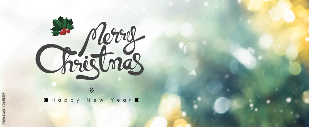 Naklejka premium Merry Christmas and Happy New Year text on bokeh background