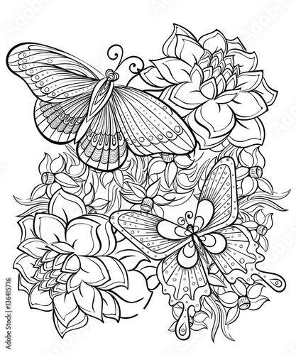Hand drawn ink pattern. Coloring book for adult