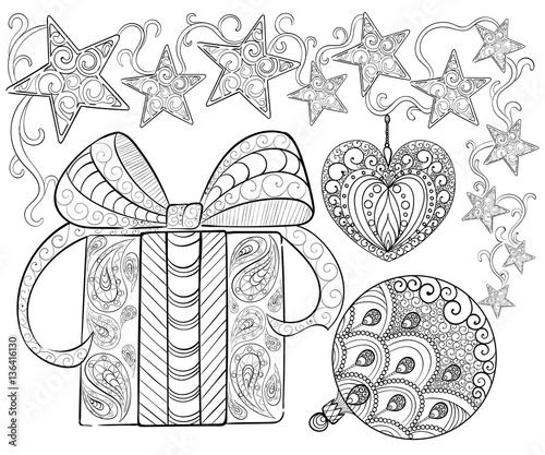 Hand drawn ink pattern. Coloring book for adult merry christmas new year 2017 rooster