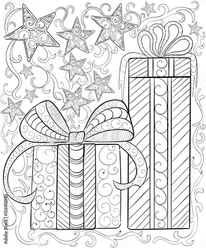 Hand drawn ink pattern. Coloring book for adult merry christmas new year 2017 rooster