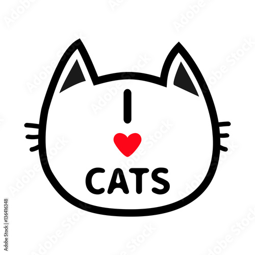Black cat head face contour silhouette icon. Line pictogram. Cute funny cartoon character. I love cats heart Text lettering. Kitty kitten whisker Baby pet White background. Isolated. Flat design.