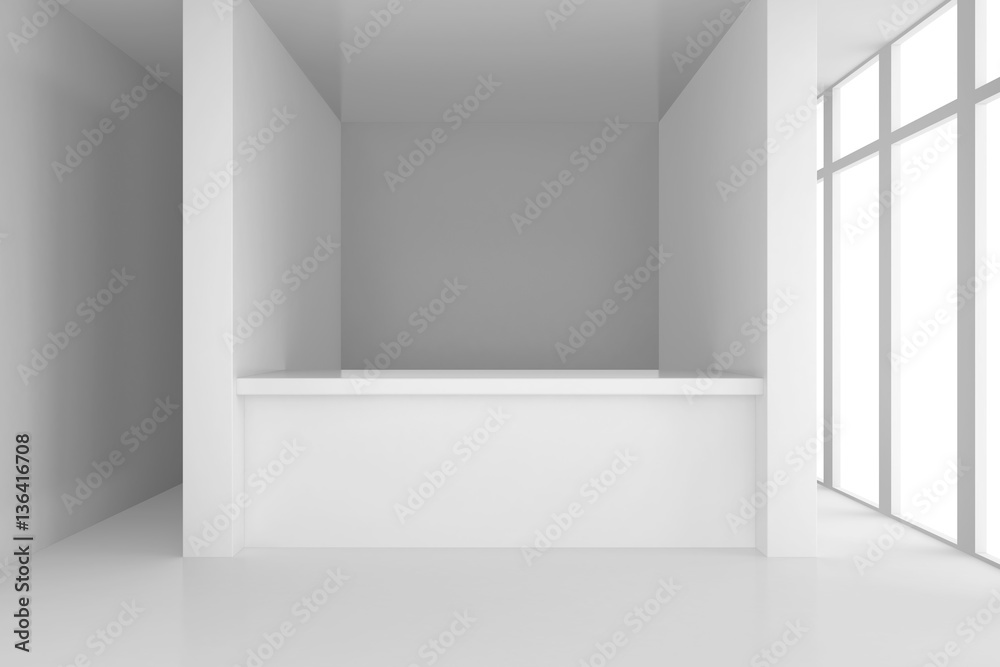 reception desk in white room with windows. 3d rendering.