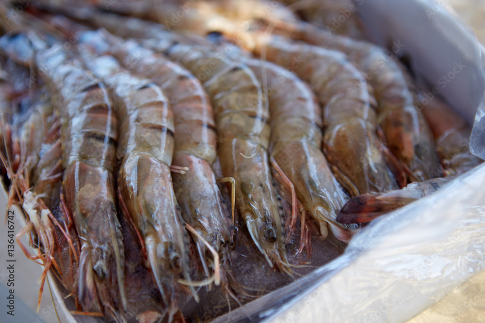 Fresh cold raw shrimps close-up, background, top view Fresh cold raw shrimps close-up, background, top view