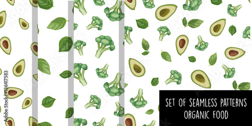 Organic food avocado, broccoli, basil. Set of seamless pattern. Hand drawn vector illustration. Vegetarian. Wrapping paper.