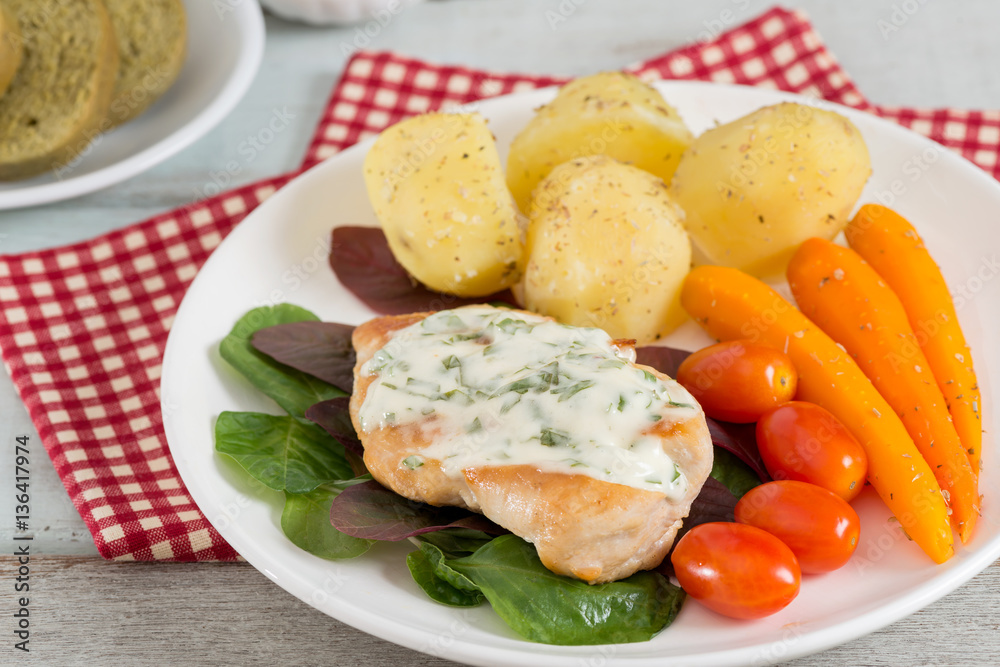 Grilled Chicken steak topping spinach sauce with vegetable Grilled Chicken steak topping spinach sauce with vegetable