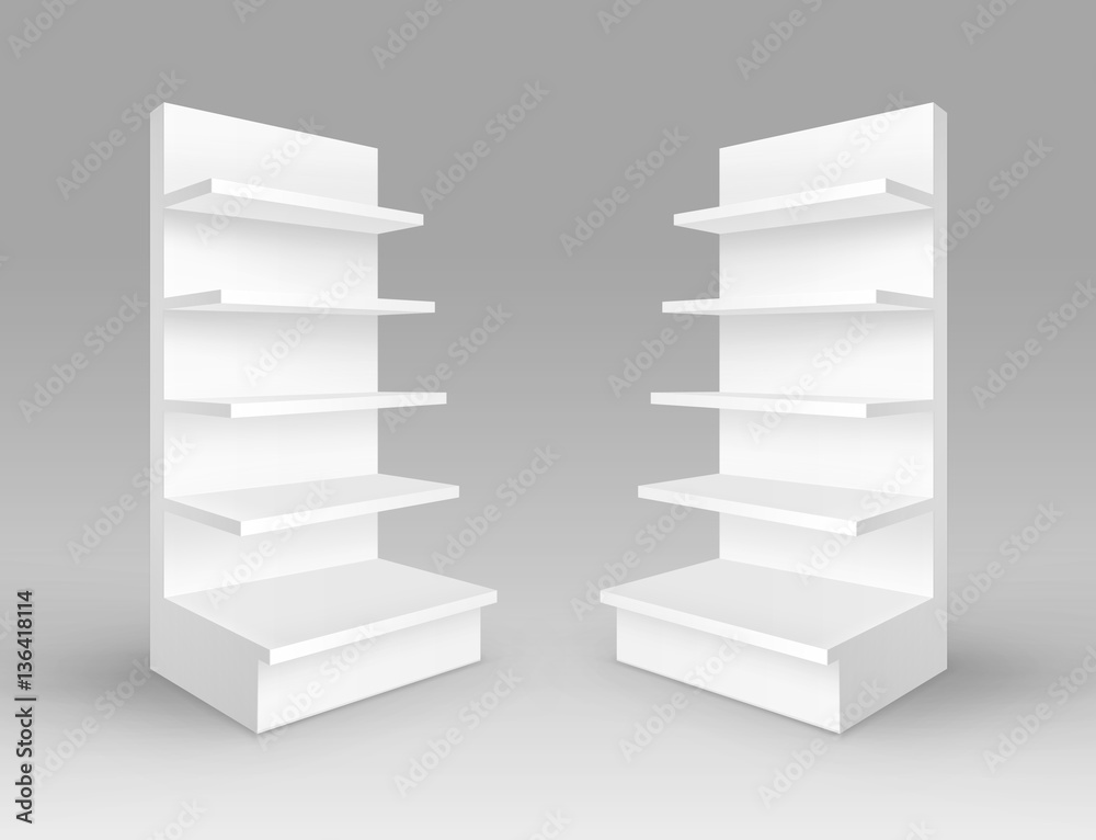 Vector Set of White Blank Empty Exhibition Trade Stands Shop Racks with Shelves Storefronts Isolated on Background Vector Set of White Blank Empty Exhibition Trade Stands Shop Racks with Shelves Storefronts Isolated on Background