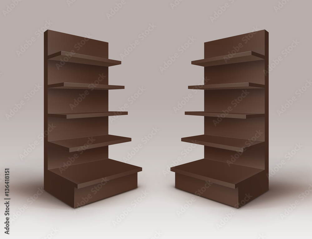 Vector Set of Brown Blank Empty Exhibition Trade Stands Shop Racks with Shelves Storefronts Isolated on Background Vector Set of Brown Blank Empty Exhibition Trade Stands Shop Racks with Shelves Storefronts Isolated on Background