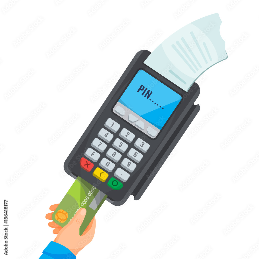 Hand taking card from dark POS terminal with white cheque Hand taking card from dark POS terminal with white cheque