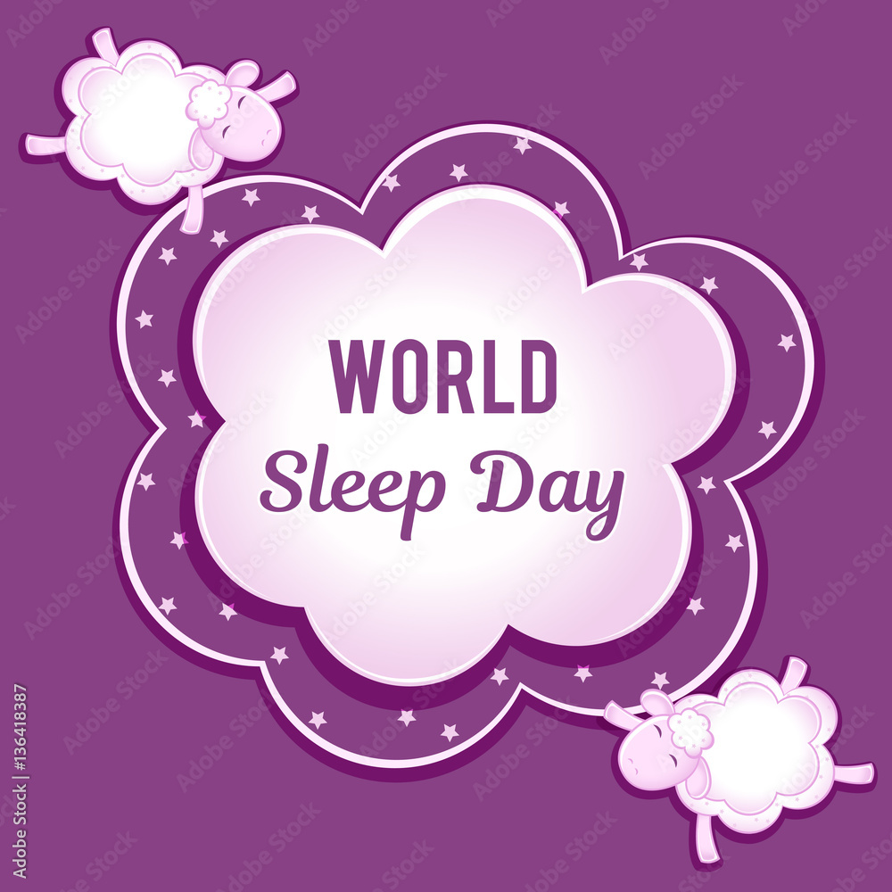 World Sleep Day. Sheep from the clouds fly with his eyes closed. Space for text.