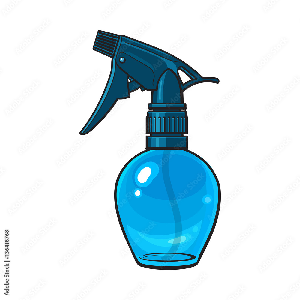 Unlabeled, transparent plastic hairdresser spray bottle, sketch style vector illustration isolated on white background. Hairdresser spray bottle, detergent, window cleanser liquid dispenser