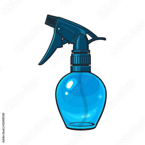 Unlabeled, transparent plastic hairdresser spray bottle, sketch style vector illustration isolated on white background. Hairdresser spray bottle, detergent, window cleanser liquid dispenser