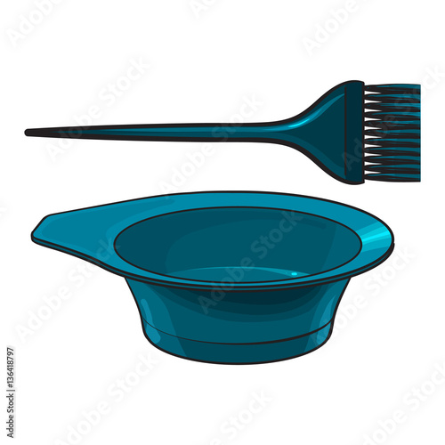 Color mixing plastic hairdresser brush, hairbrush and bowl, sketch style vector illustration isolated on white background. Hairbrush and bowl for hair bleaching and coloring
