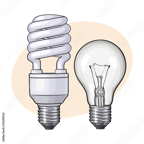 Modern fluorescent, energy saving and traditional tangsten light bulb, sketch style vector illustration isolated on white background. Realistic hand drawing of fluorescent and tungsten light bulbs