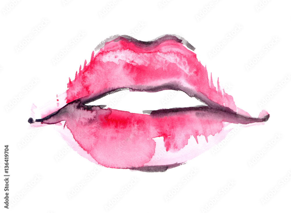 Obraz premium Beautiful full pink lips painted in watercolor on clean white background