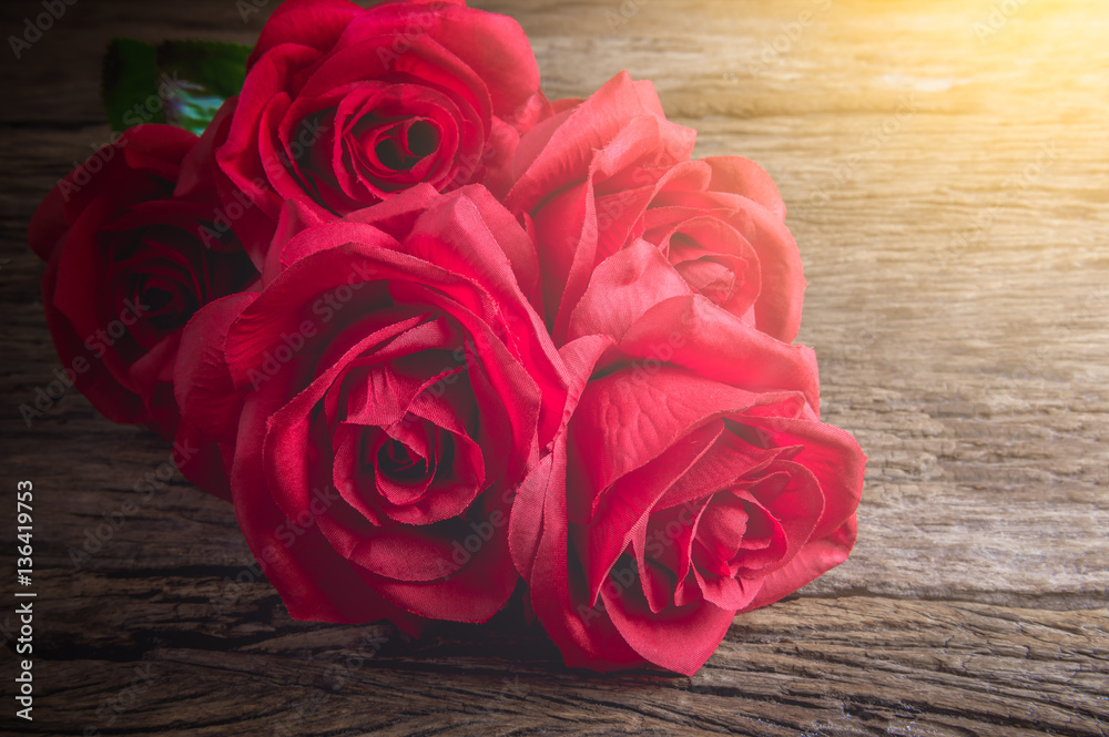 Red Roses on old wooden board, Valentines Day