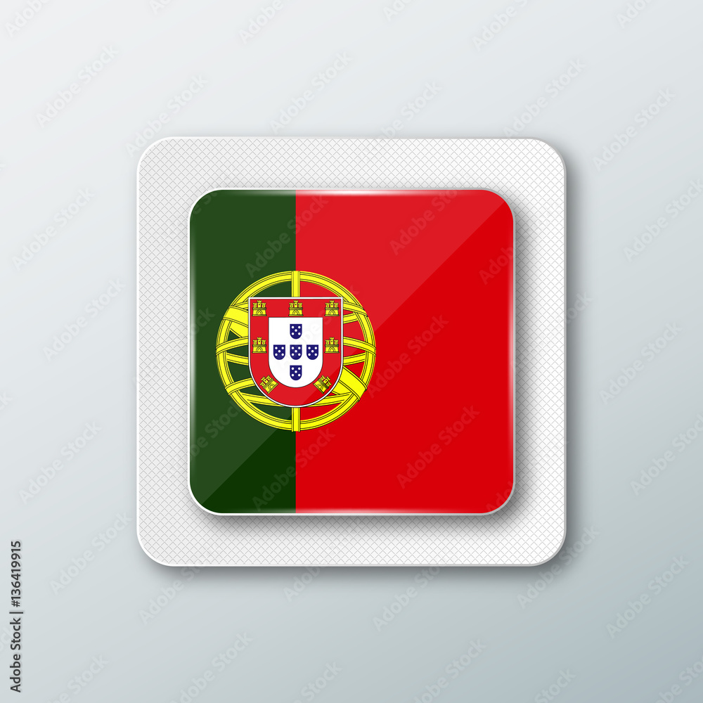Square button with the national flag of Portugal with the reflection of light. Icon with the main symbol of the country. Square button with the national flag of Portugal with the reflection of light. Icon with the main symbol of the country.