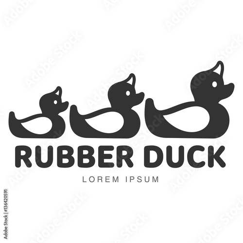 Logo template with three rubber duck swimming ring, vector illustration isolated on white background. Silhouette, side view graphic dack shaped rubber ring logotype, logo design © sabelskaya