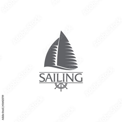 Black and white graphic yacht club, sailing sport logo template with steering wheel, vector illustration isolated on white background. Graphic yacht, sail boat logotype, logo design