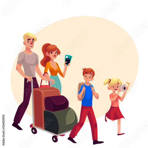 Family of four in airport, father pushing cart with luggage, mother holding tickets, little girl making photos, cartoon illustration on background with place for text. Family travelling with luggage