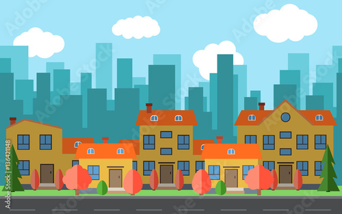 Vector city with cartoon houses and buildings. City space with road on flat style background concept. Summer urban landscape. Street view with cityscape on a background  
