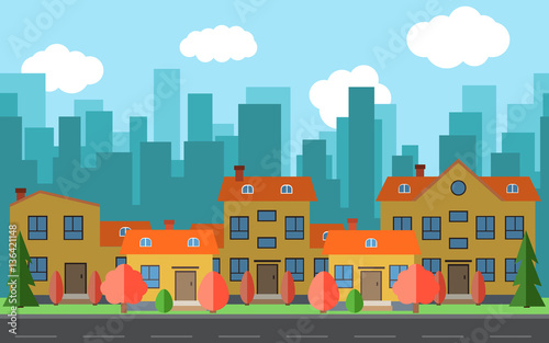 Vector city with cartoon houses and buildings. City space with road on flat style background concept. Summer urban landscape. Street view with cityscape on a background
